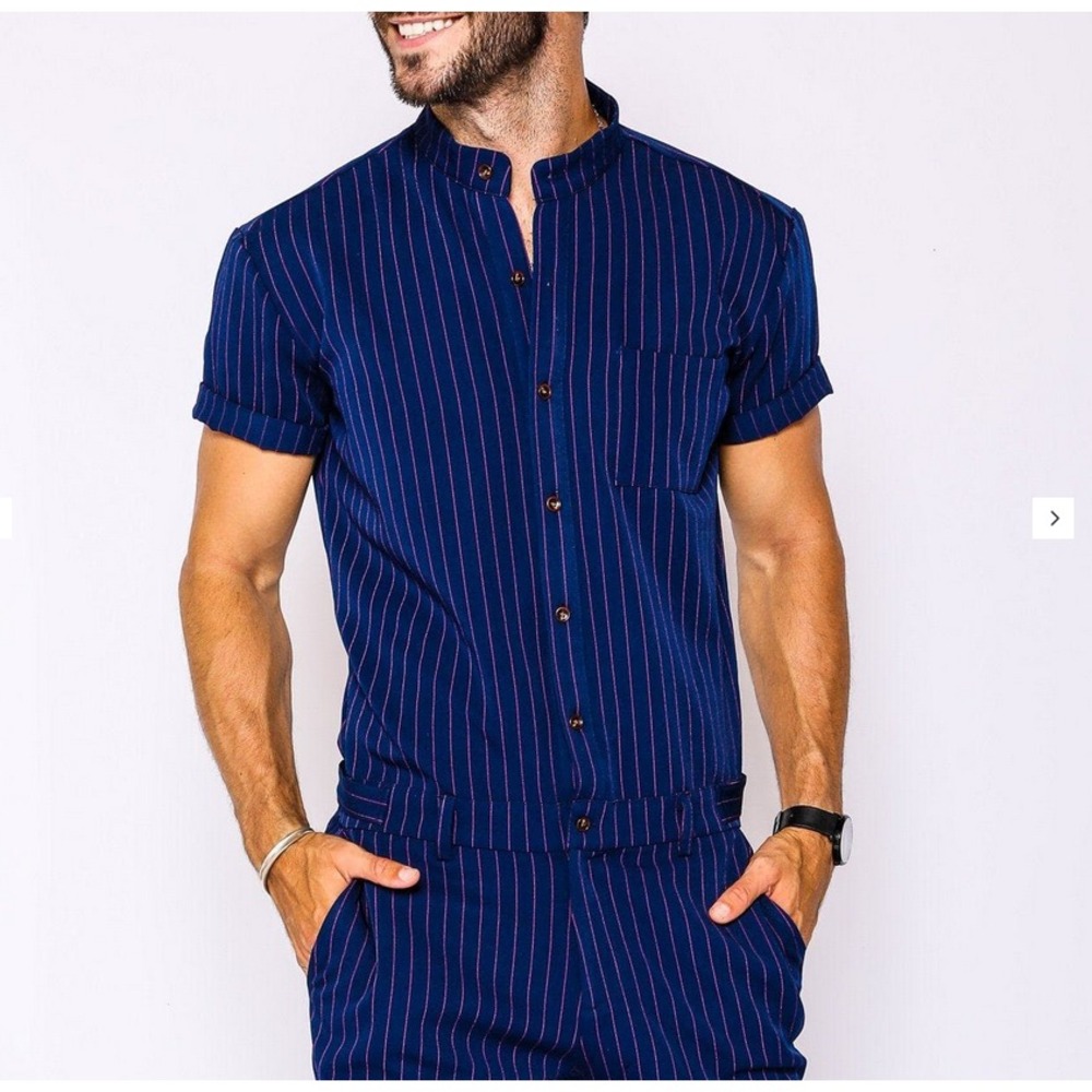 Romperjack Navy Chateau Romper Mens L Blue/Pink Stripe Button-Up Romper Jack NEW